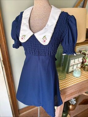 Vintage Puff Sleeve Dress with Embroidered Peter Pan Collar